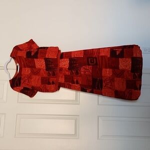 Vintage Benjamin A. Red & Black Fall Tribal Flowy Top Midi Dress. SIZE 14 Petite